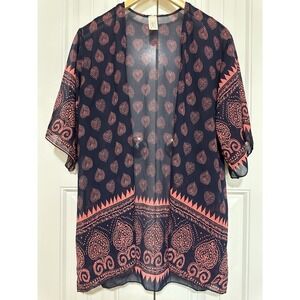 Women's Cover Up M Sheer Kimono Top Geometric Blue Pink Casual Beach Boho Chic